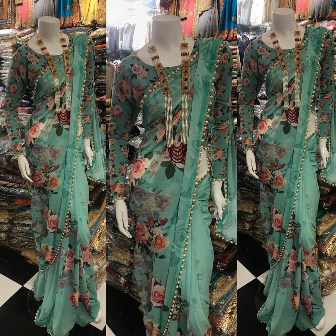 sea green beautiful pure digital 3d printed georgette designer saree with moti lace