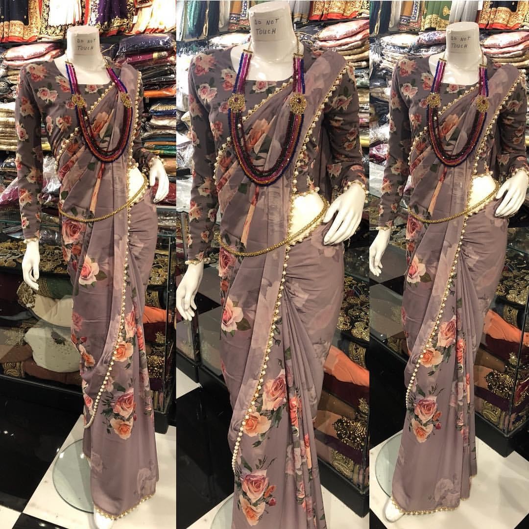 Beautiful pure digital 3d printed georgette designer saree with moti lace