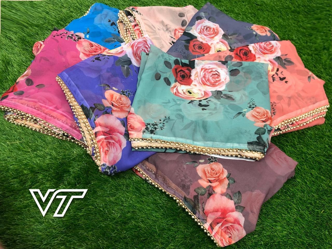 Beautiful pure digital 3d printed georgette designer saree with moti lace