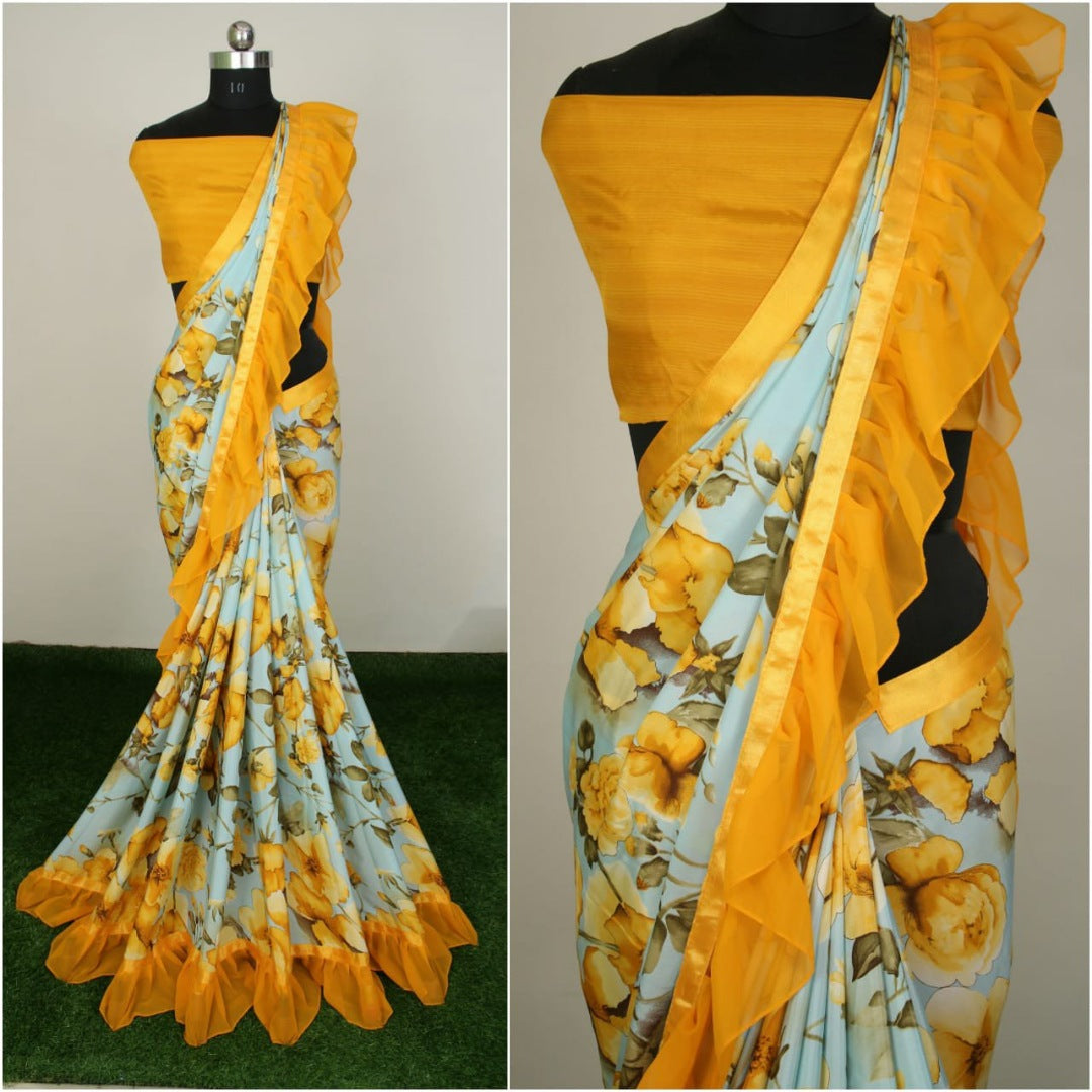 Beautiful silk crap floral printed ruffle border saree