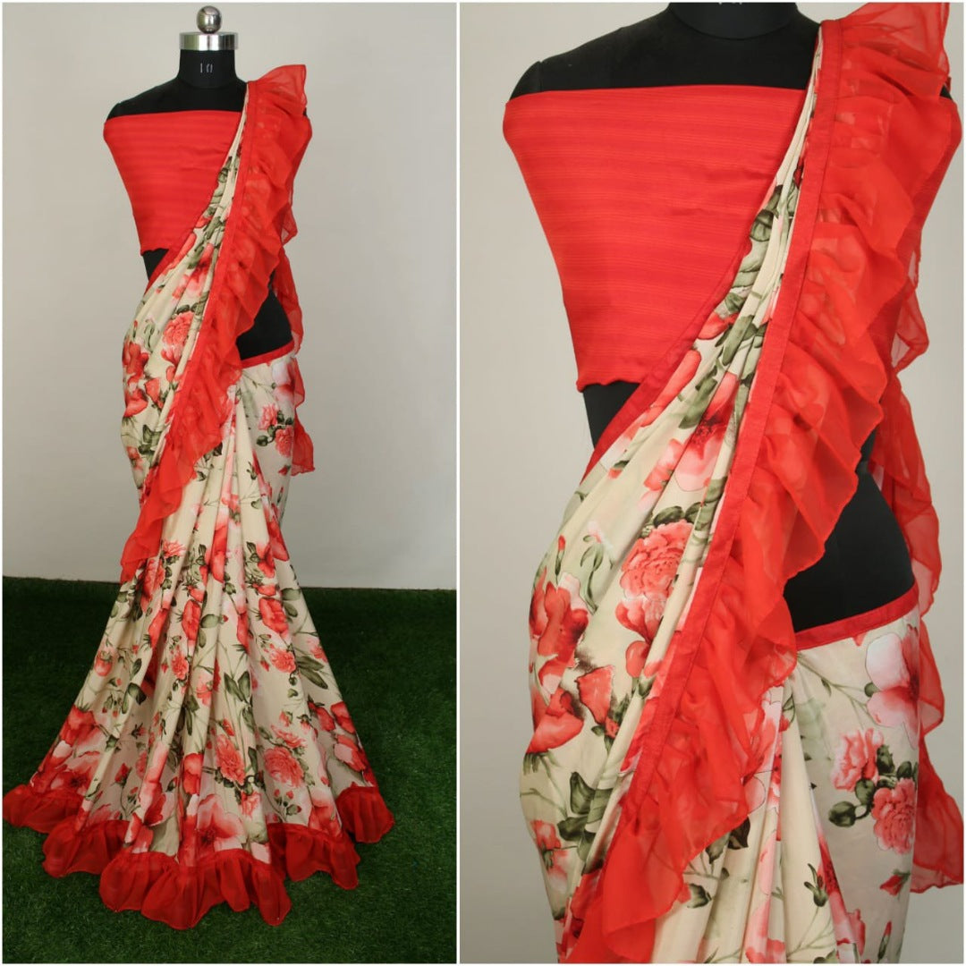 Beautiful silk crap floral printed ruffle border saree