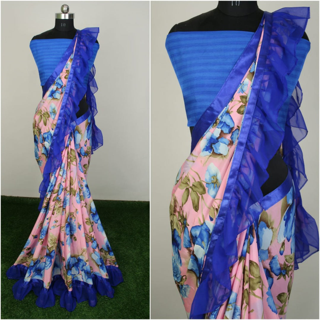 Beautiful silk crap floral printed ruffle border saree