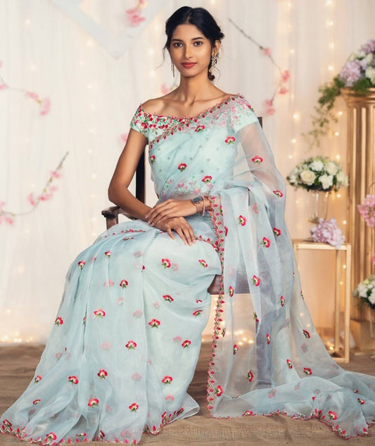 Beautiful sky mono net embroidered ceremonial saree