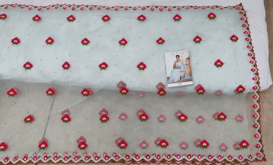 Beautiful sky mono net embroidered ceremonial saree