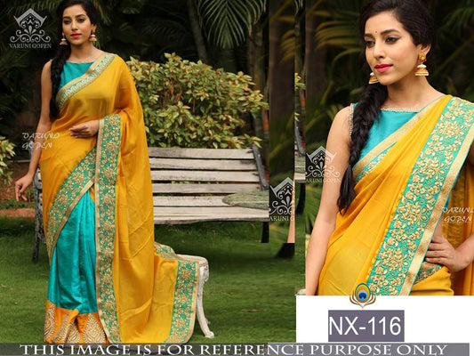 Beautiful yellow and rama paper silk saree