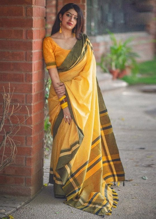 Beautiful yellow slub cotton silk casual saree