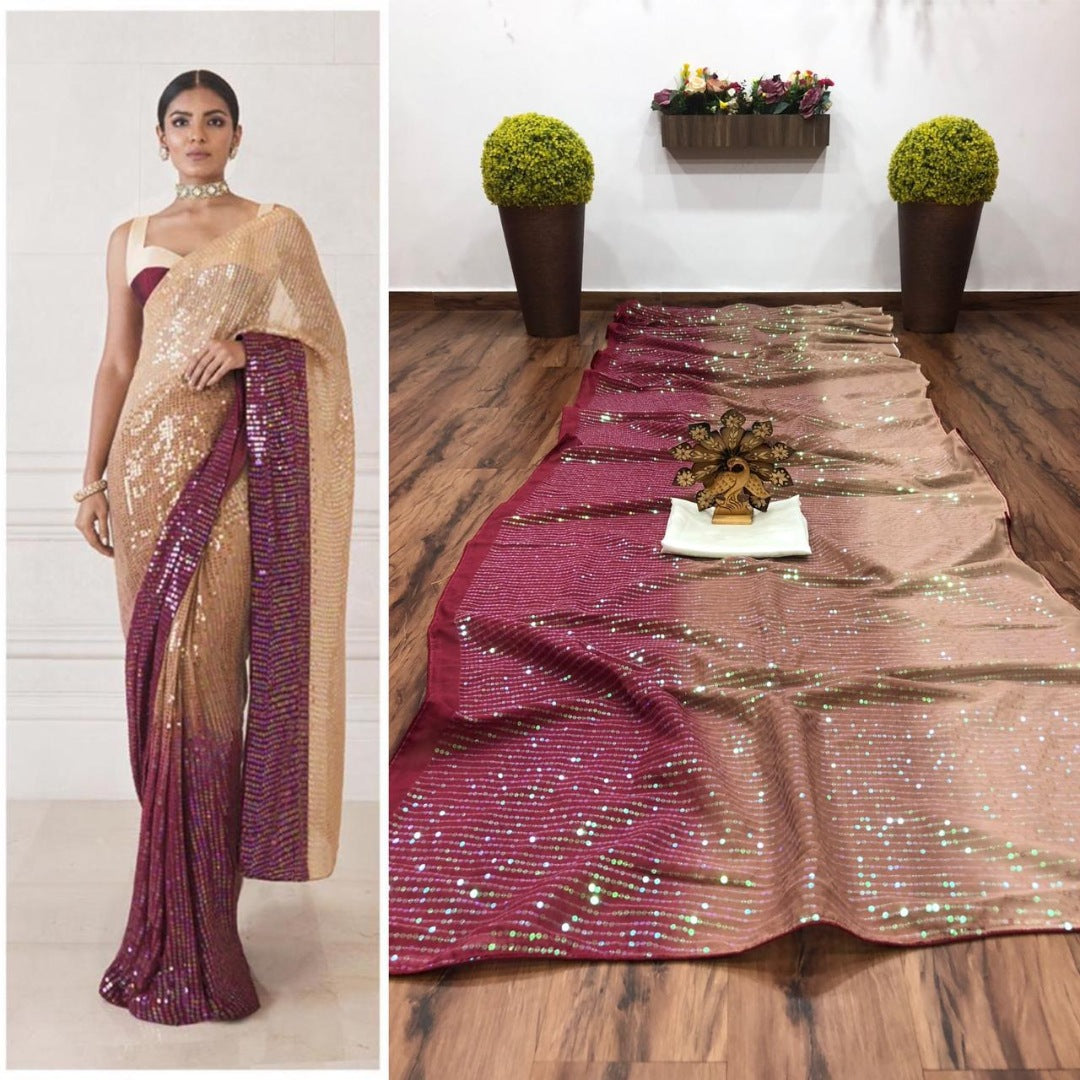 Beige and wine sequence work ceremonial saree