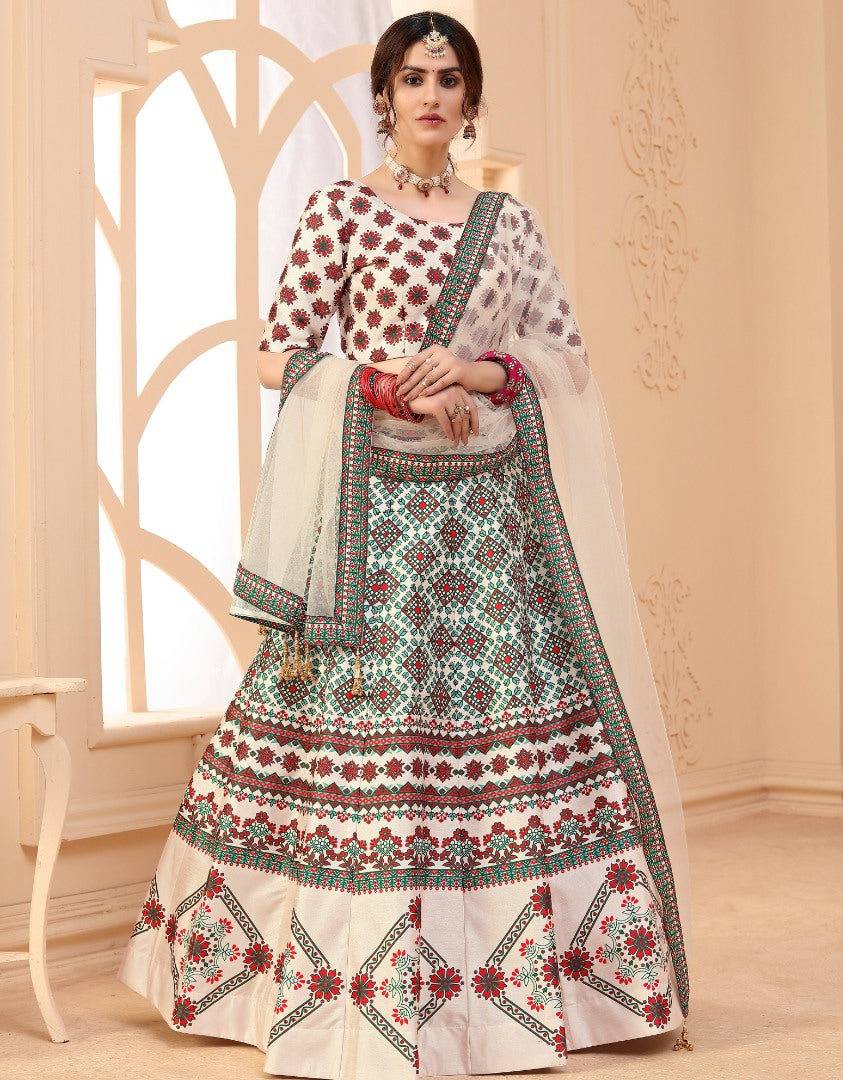 Beige art silk digital printed wedding and party wear lehenga choli