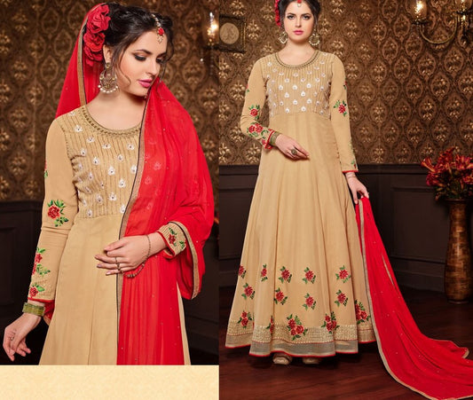 Beige Colored Santoon Thread & Jari Embroidery Semi Stitched anarkali suit