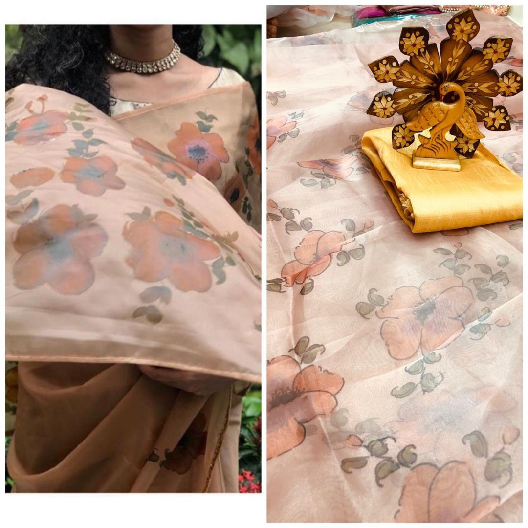 Beige flower printed organza saree
