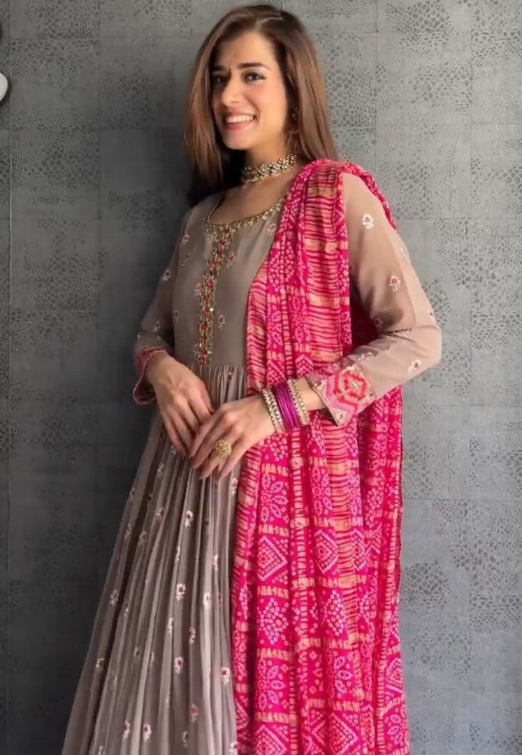 Beige georgette embroidered anarkali gown