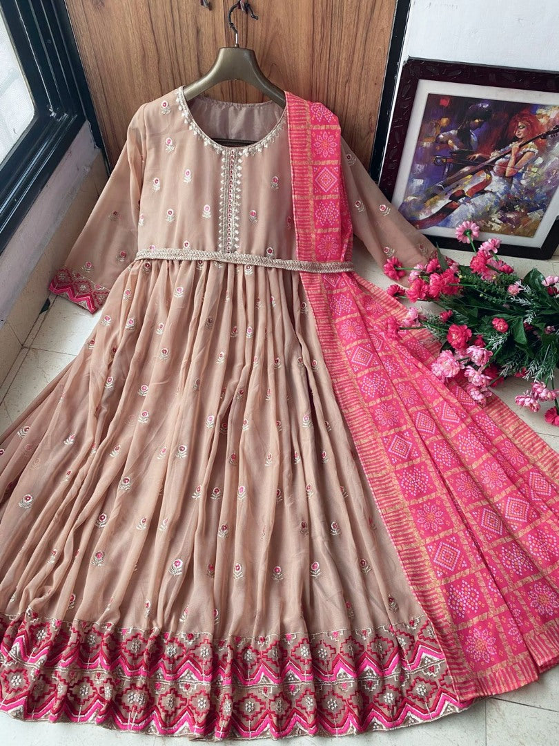 Beige georgette embroidered anarkali gown