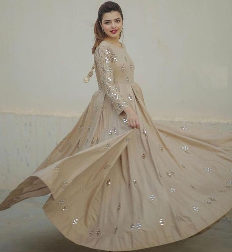 Beige georgette embroidered and mirror work gown