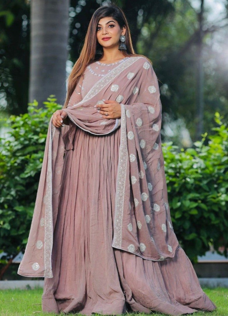 Beige georgette embroidered long gown