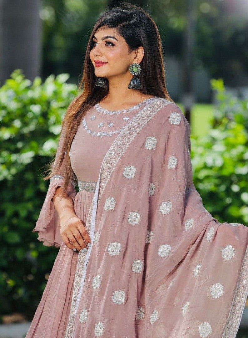 Beige georgette embroidered long gown