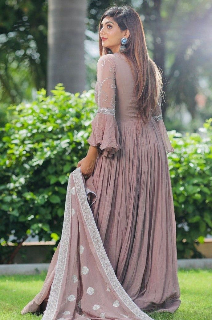 Beige georgette embroidered long gown