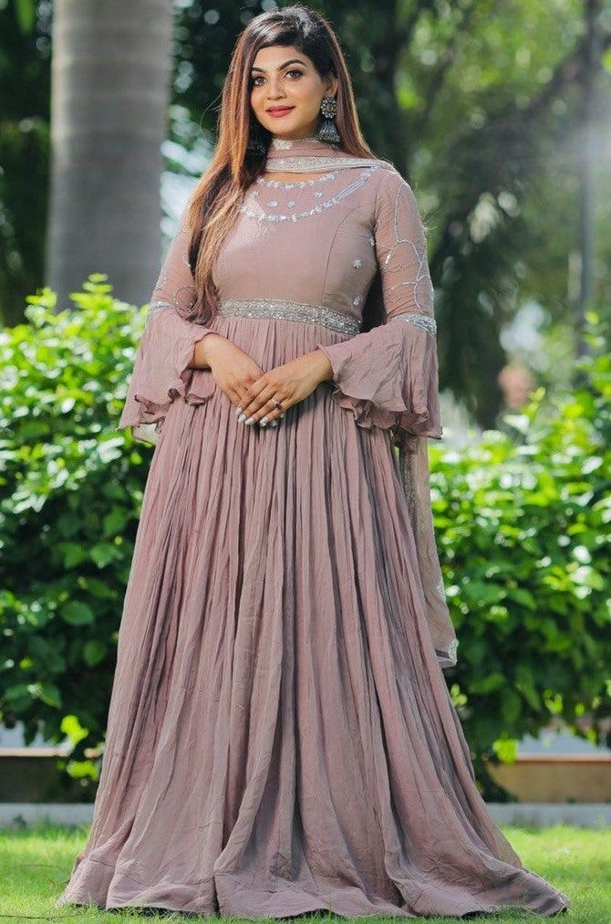 Beige georgette embroidered long gown