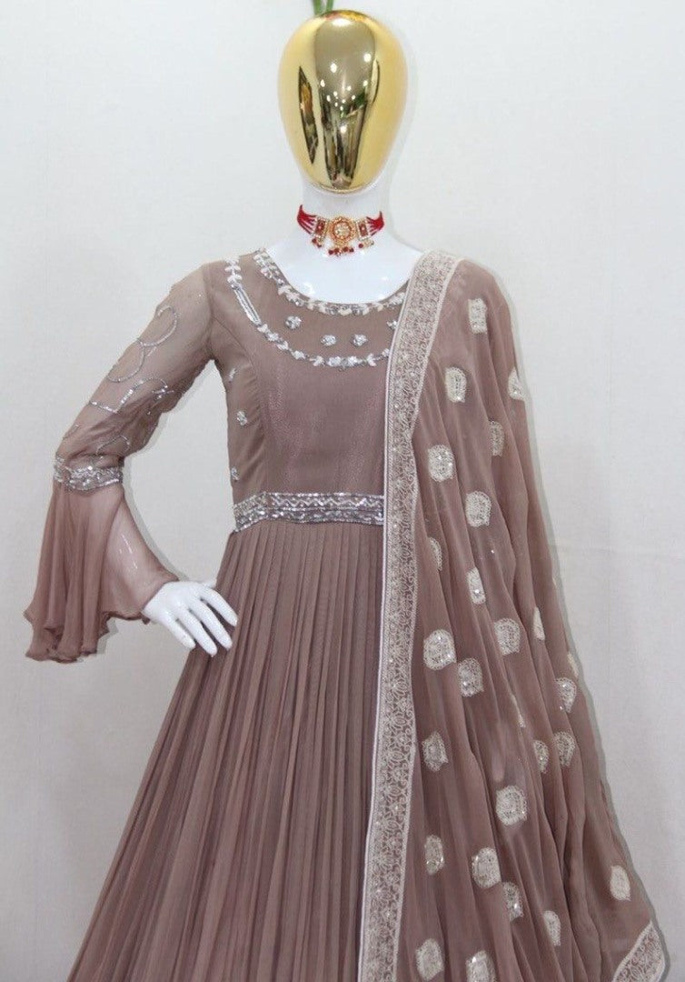 Beige georgette embroidered long gown