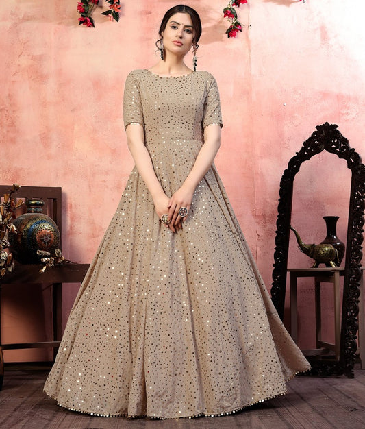 Beige georgette golden sequence work party wear gown