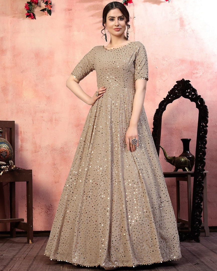 Beige georgette golden sequence work party wear gown