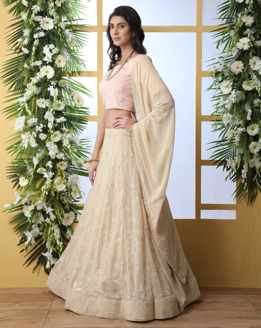 Beige georgette heavy embroidered wedding lehenga choli