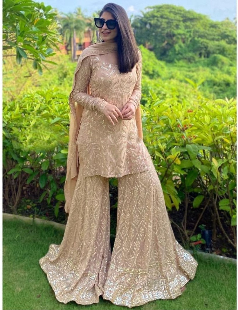 Beige georgette sequence and thread embroidery work sharara salwar suit