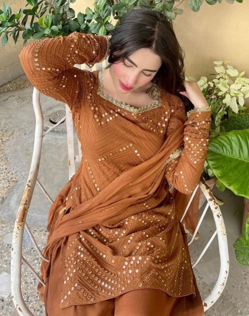 Beige georgette thread sequence work punjabi suit