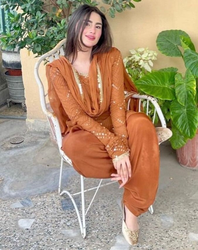 Beige georgette thread sequence work punjabi suit