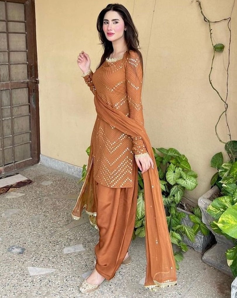 Beige georgette thread sequence work punjabi suit