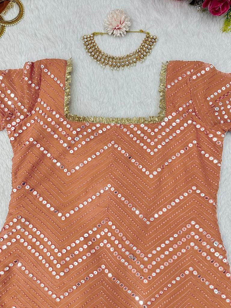 Beige georgette thread sequence work punjabi suit