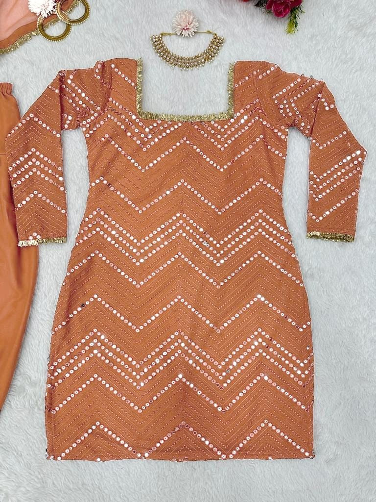 Beige georgette thread sequence work punjabi suit