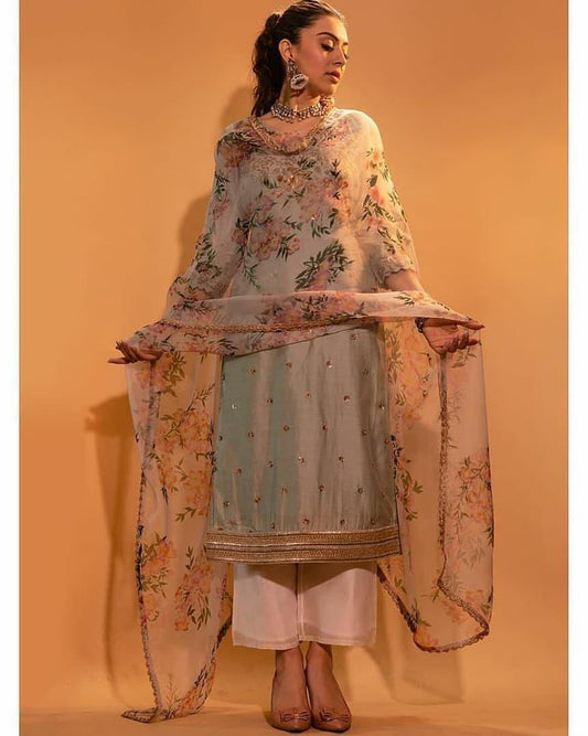 Beige grey bambu tapeta silk salwar suit