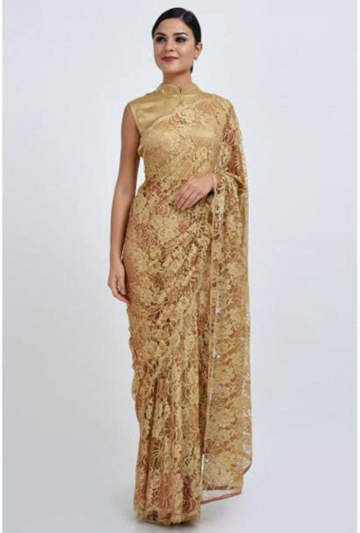 Beige heavy chantley net partywear saree