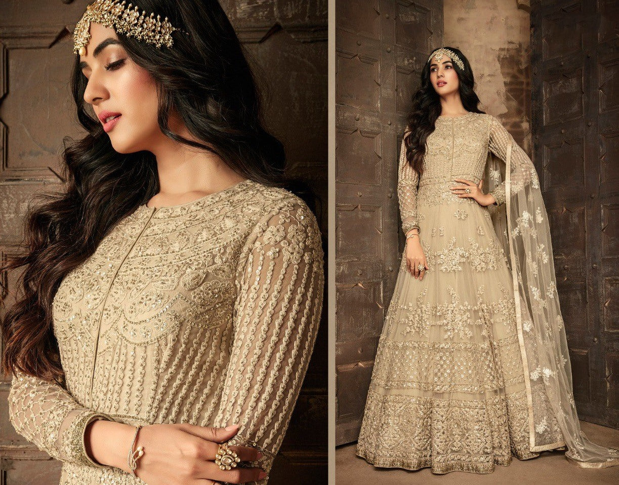 Beige heavy net and embroidered wedding long gown