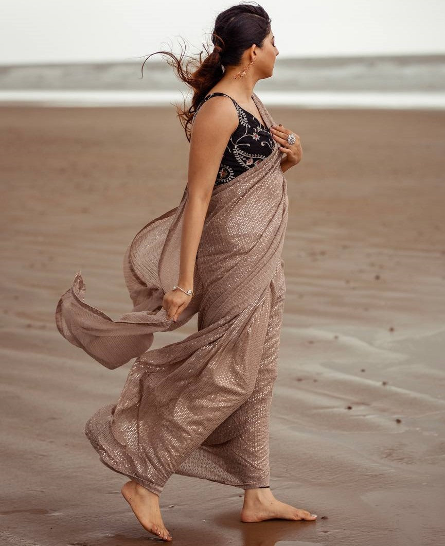 Beige heavy shining sequence work designer saree