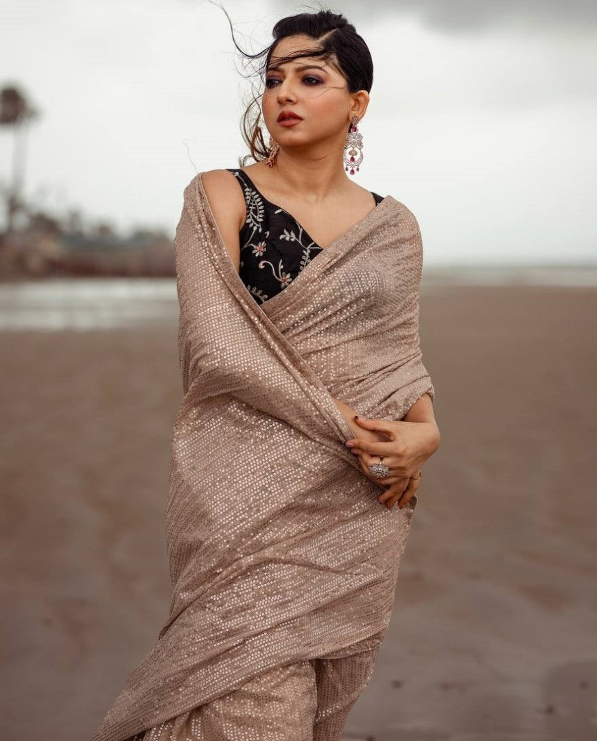 Beige heavy shining sequence work designer saree