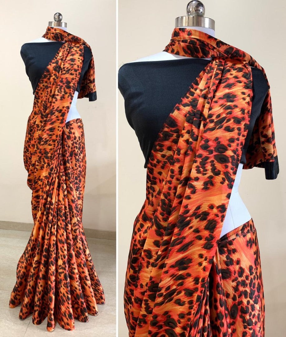 Beige japan crape leopard printed saree