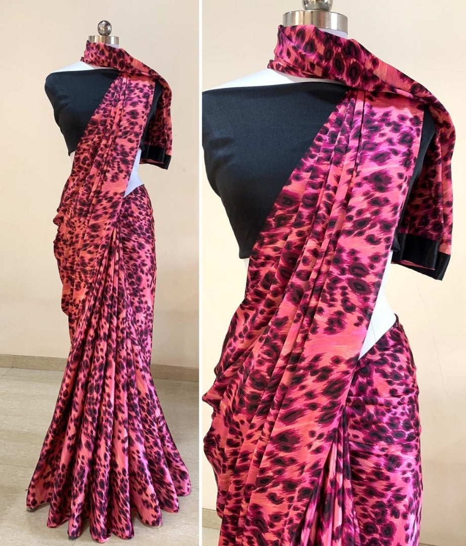 Beige japan crape leopard printed saree