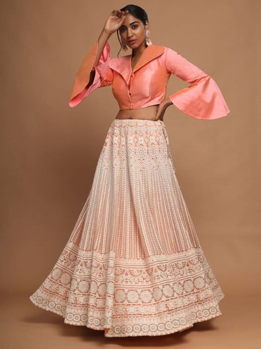 Beige lucknowi work crop top lehenga with stitched blouse