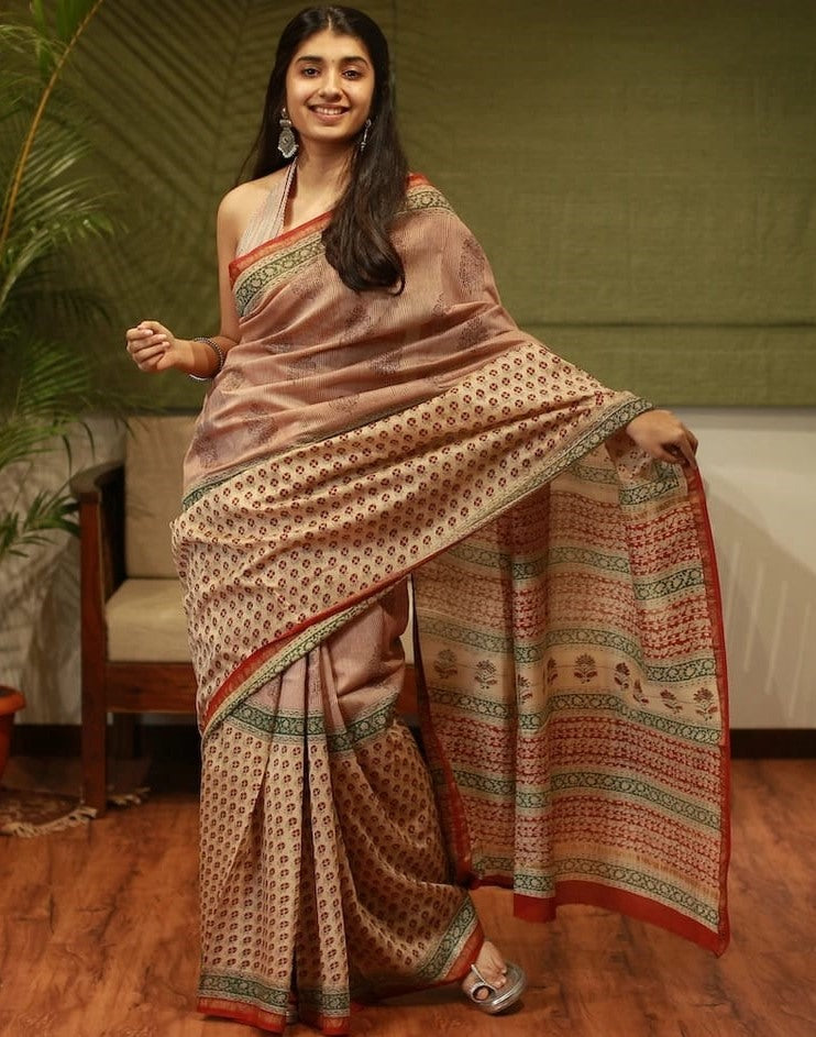 Beige premium linen ajrakh digital printed work saree