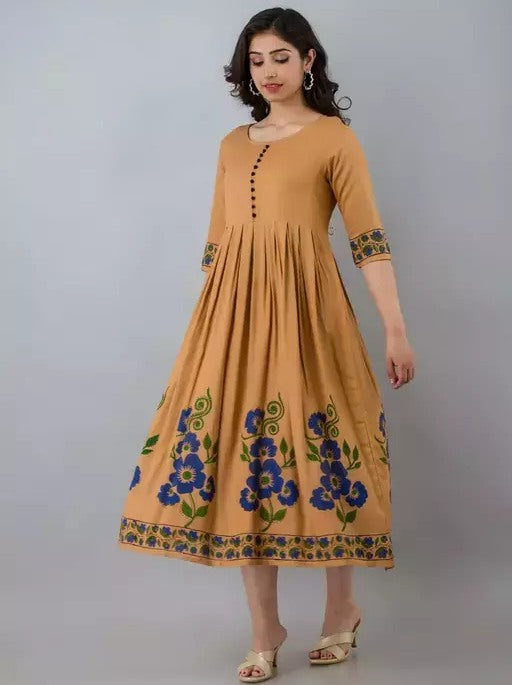 Beige rayon printed anarkali kurti