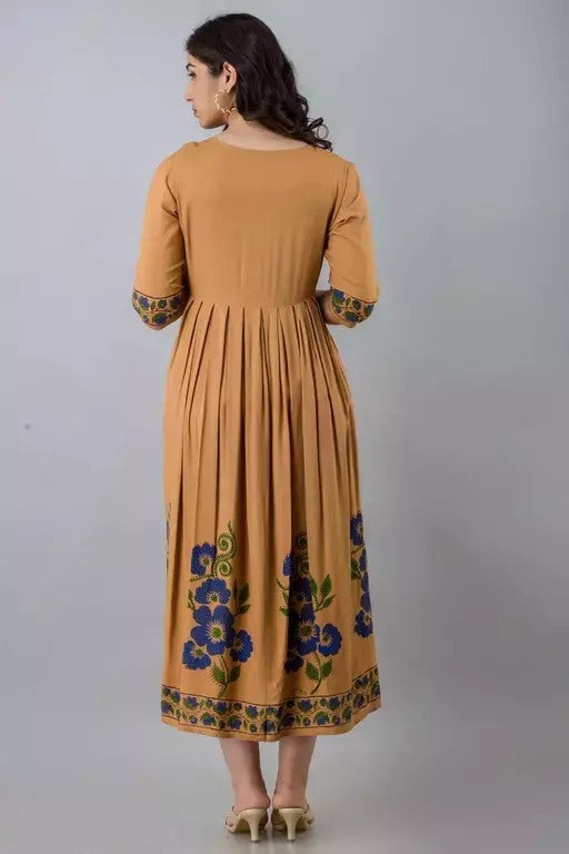 Beige rayon printed anarkali kurti