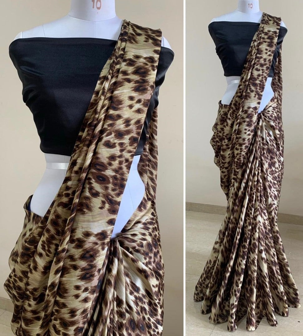 Beige satin georgette digital printed saree