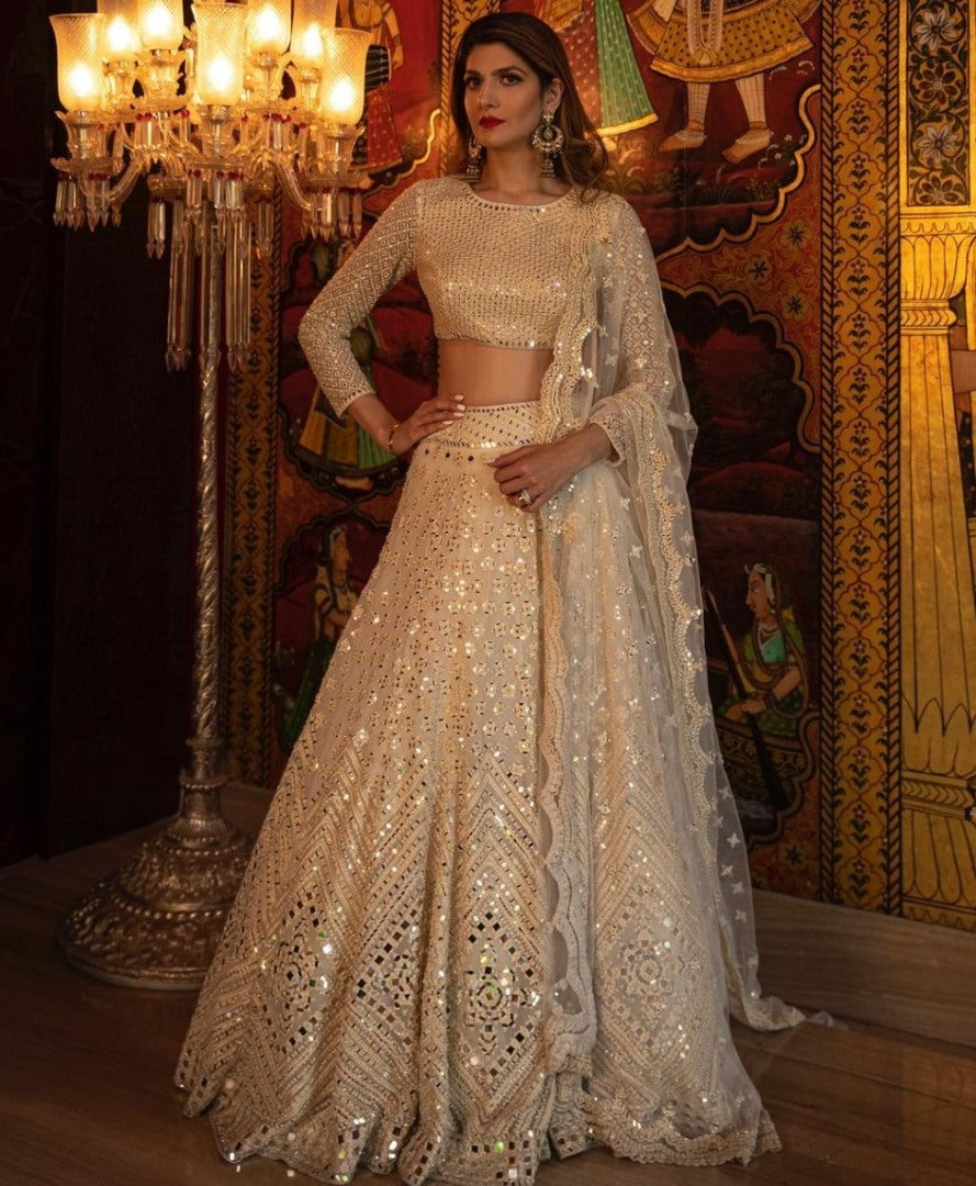 Beige soft heavy net paper mirror and thread work bridal lehenga choli