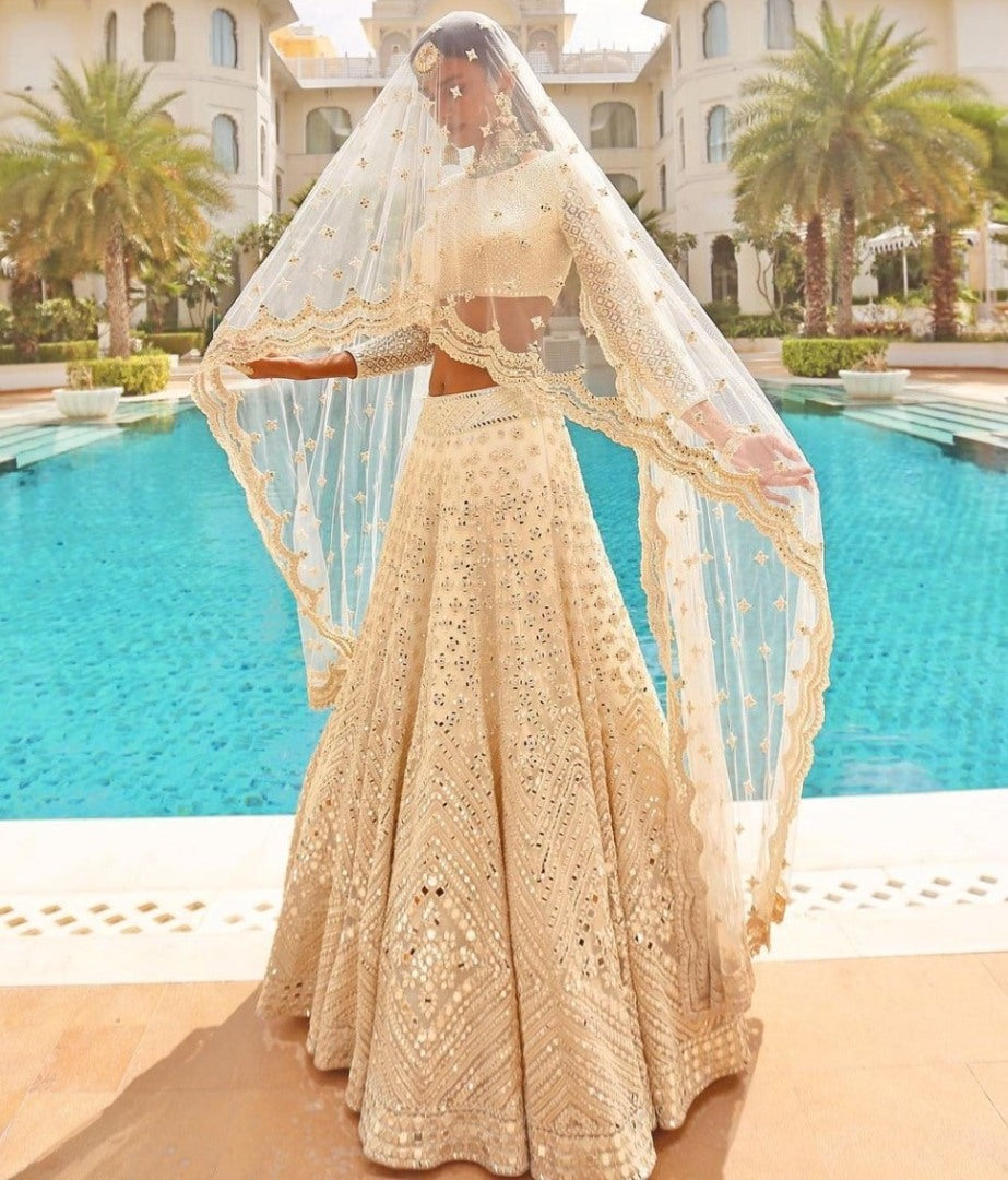 Beige soft heavy net paper mirror and thread work bridal lehenga choli