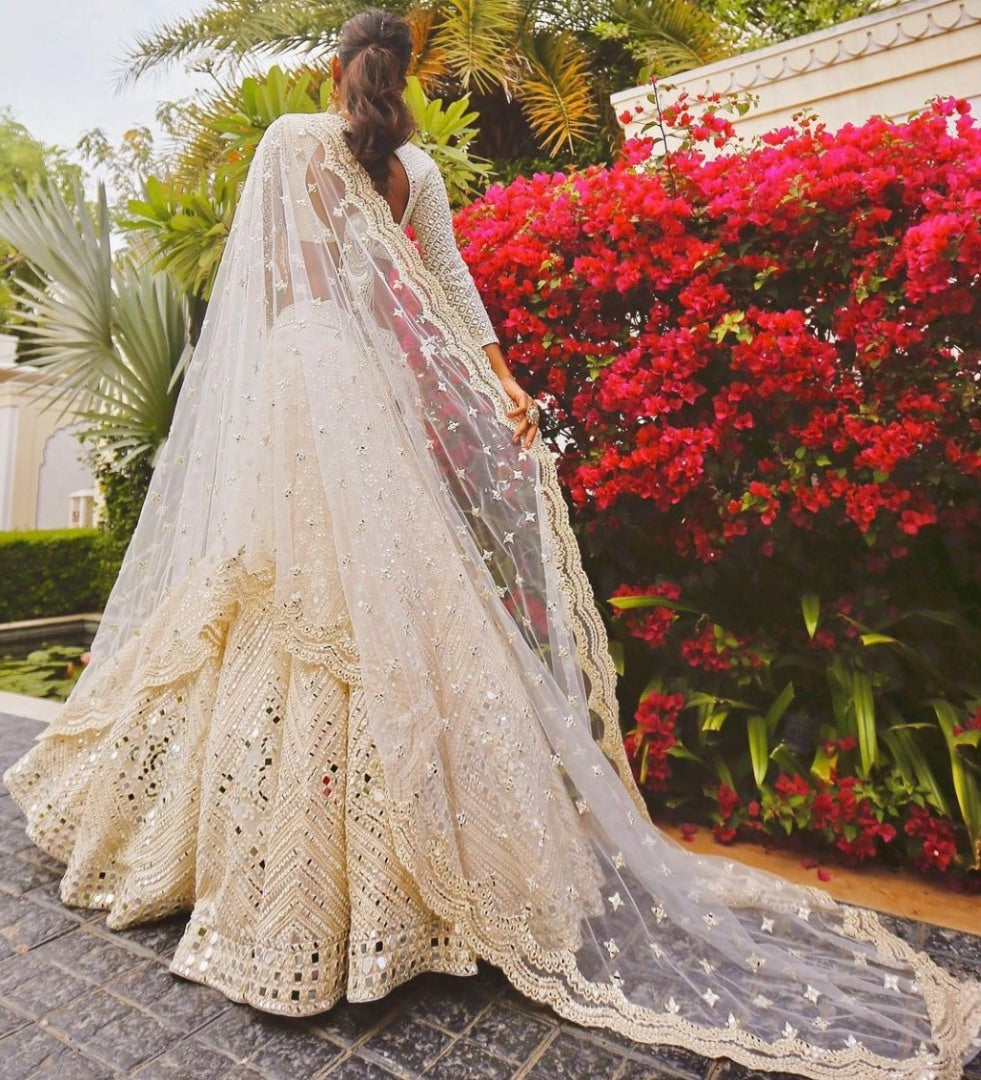 Beige soft heavy net paper mirror and thread work bridal lehenga choli
