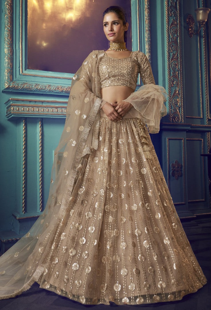 Beige soft net sequence work bridal lehenga choli