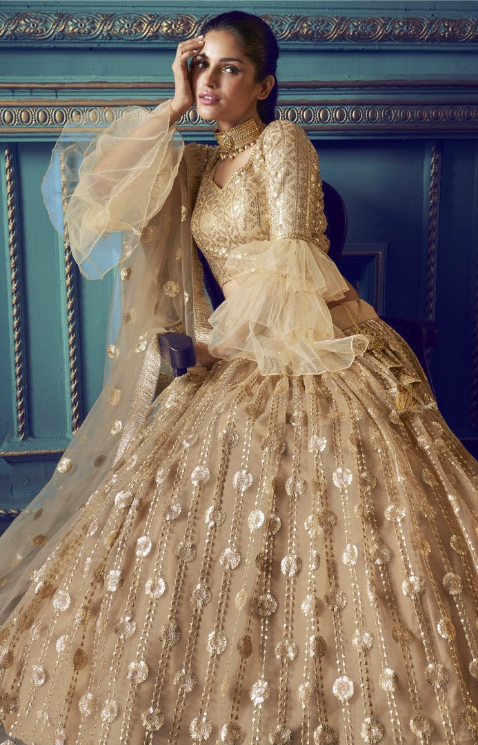 Beige soft net sequence work bridal lehenga choli