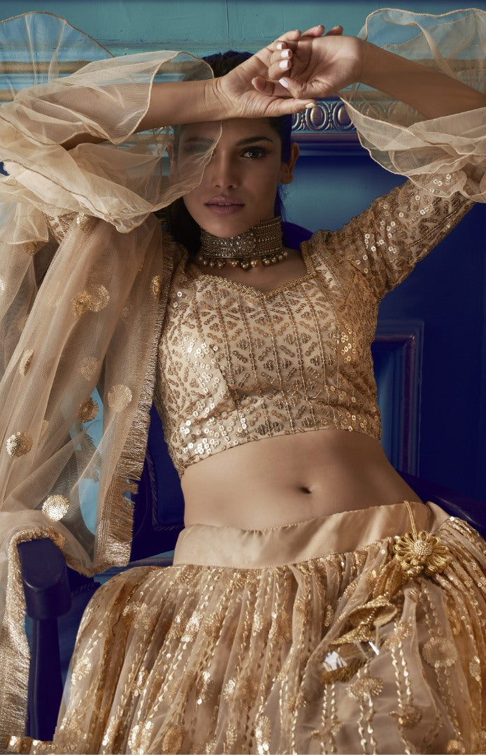 Beige soft net sequence work bridal lehenga choli