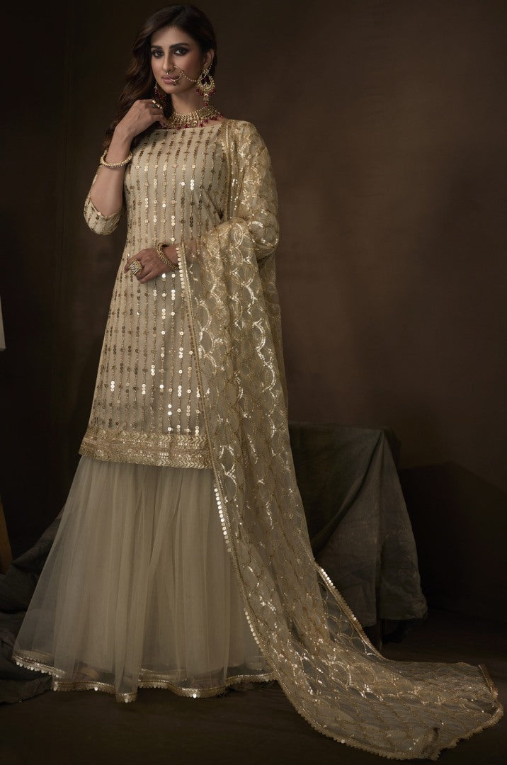 Beige soft net sequence work party wear sharara salwar suit